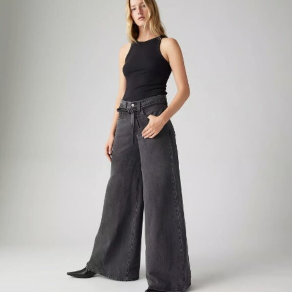 FREE PEOPLE LEVIS XL STRAIGHT WIDE LEG BELTED FADED BLACK JEANS NWT $108 28 w - Picture 1 of 11